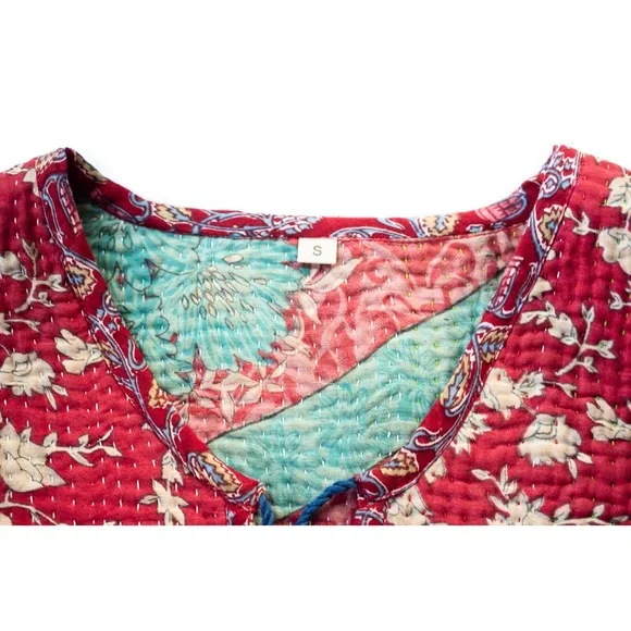 Indian Boho Block Print Hand Stitched Red Kantha Bodice Maxi Dress Sz Small - Picture 3 of 11